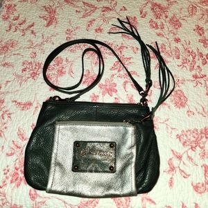 B Makowski crossbody bag, black, silver, gold with Leopard lining. Leather outer